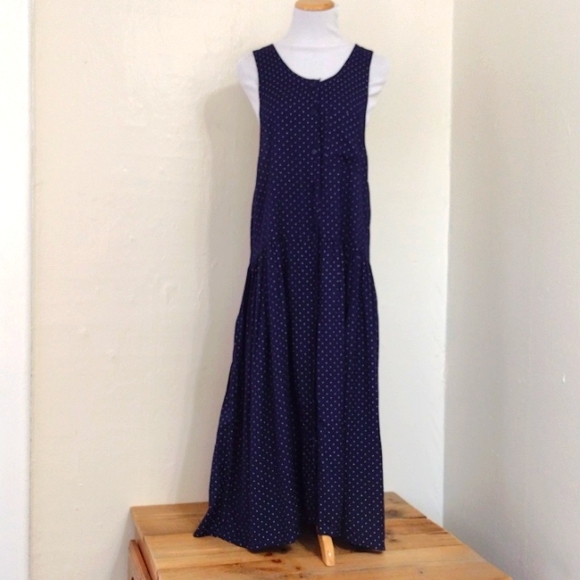 Vintage Anegada's Navy Polka Dot Drop Waist Sleeveless Midi Dress Size L - Picture 9 of 15